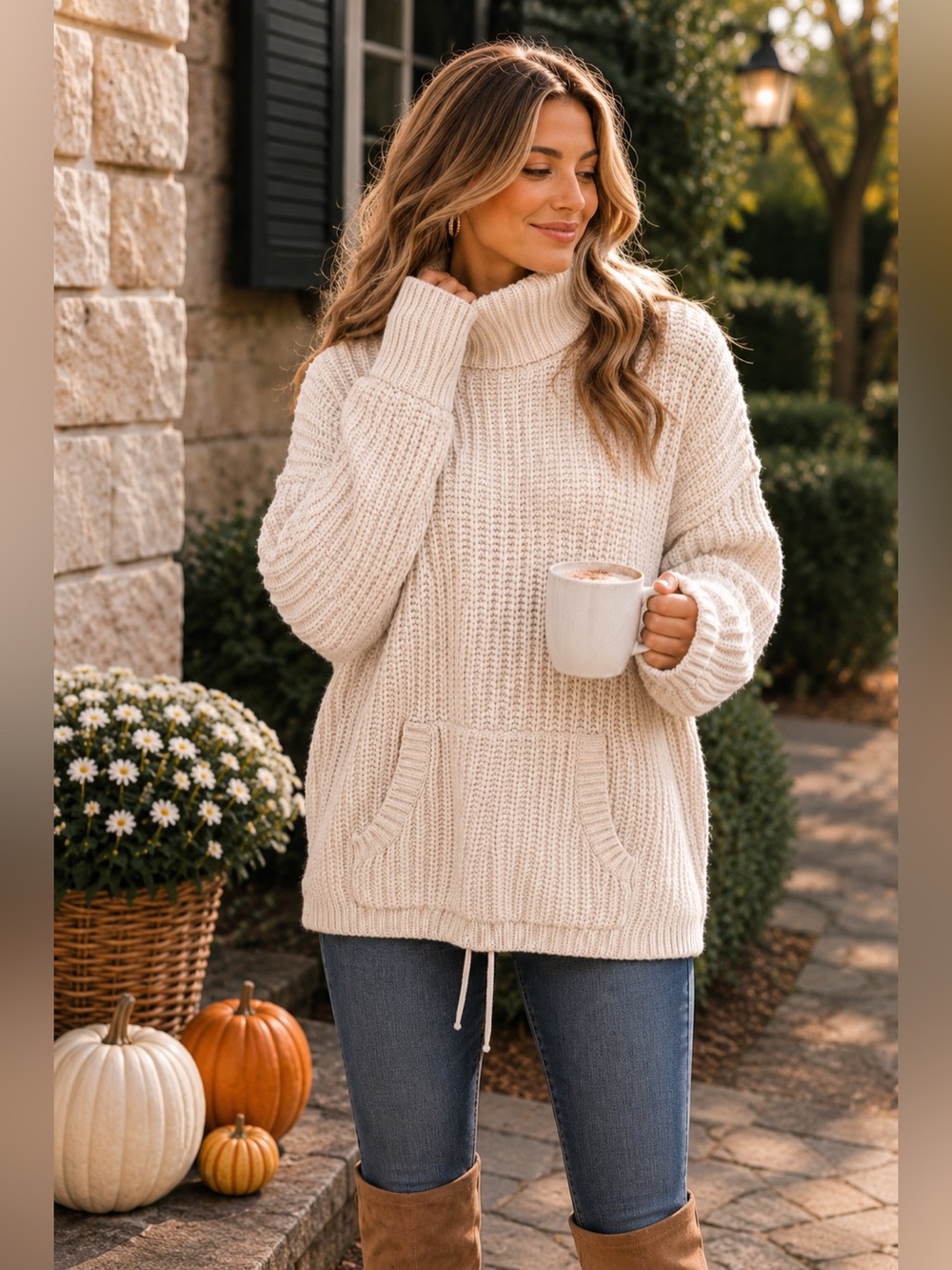 J.Crew Chunky Merino Wool Blend Funnel Neck Sweater | Cream | Size M
